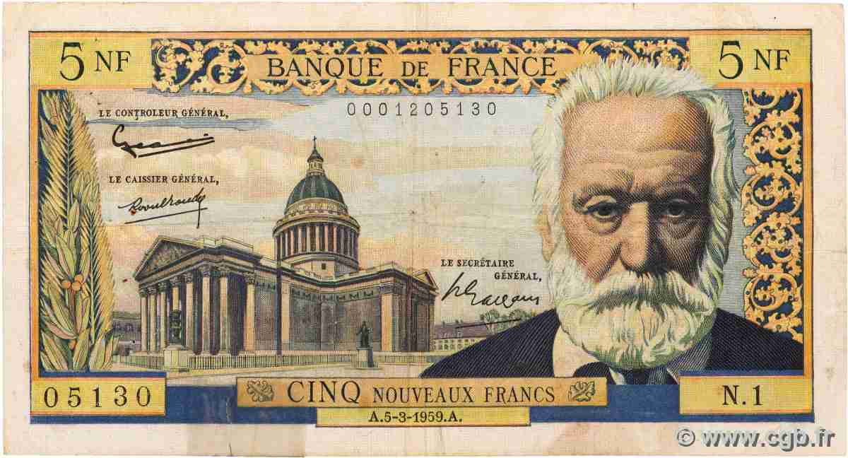 5 Nouveaux Francs VICTOR HUGO FRANCE  1959 F.56.01 TB