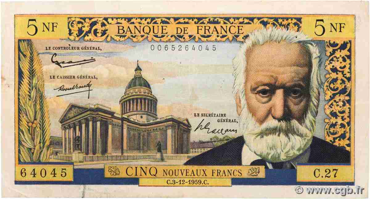 5 Nouveaux Francs VICTOR HUGO FRANCE  1959 F.56.04 pr.TTB