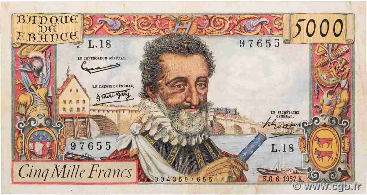 5000 Francs HENRI IV FRANCE  1957 F.49.02 TB+