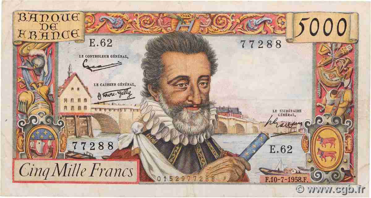 5000 Francs HENRI IV FRANCE  1958 F.49.07 TB+