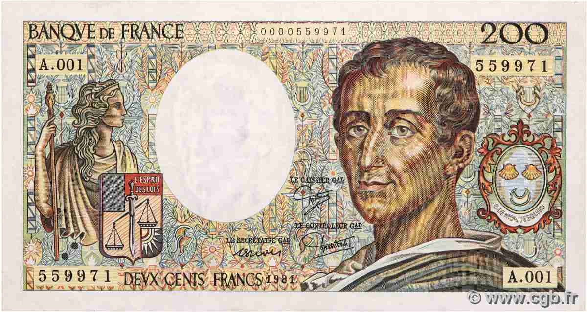 200 Francs MONTESQUIEU FRANCE  1981 F.70.01A1 TTB