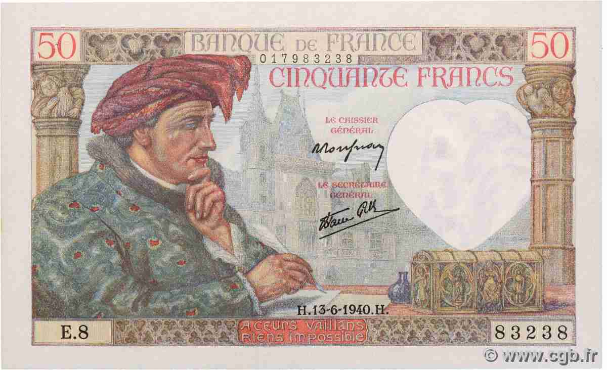50 Francs JACQUES CŒUR FRANCE  1940 F.19.01 AU