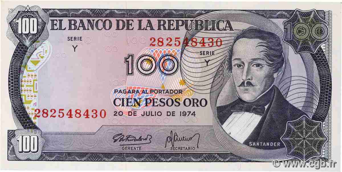 100 Pesos Oro COLOMBIA  1974 P.415 q.FDC