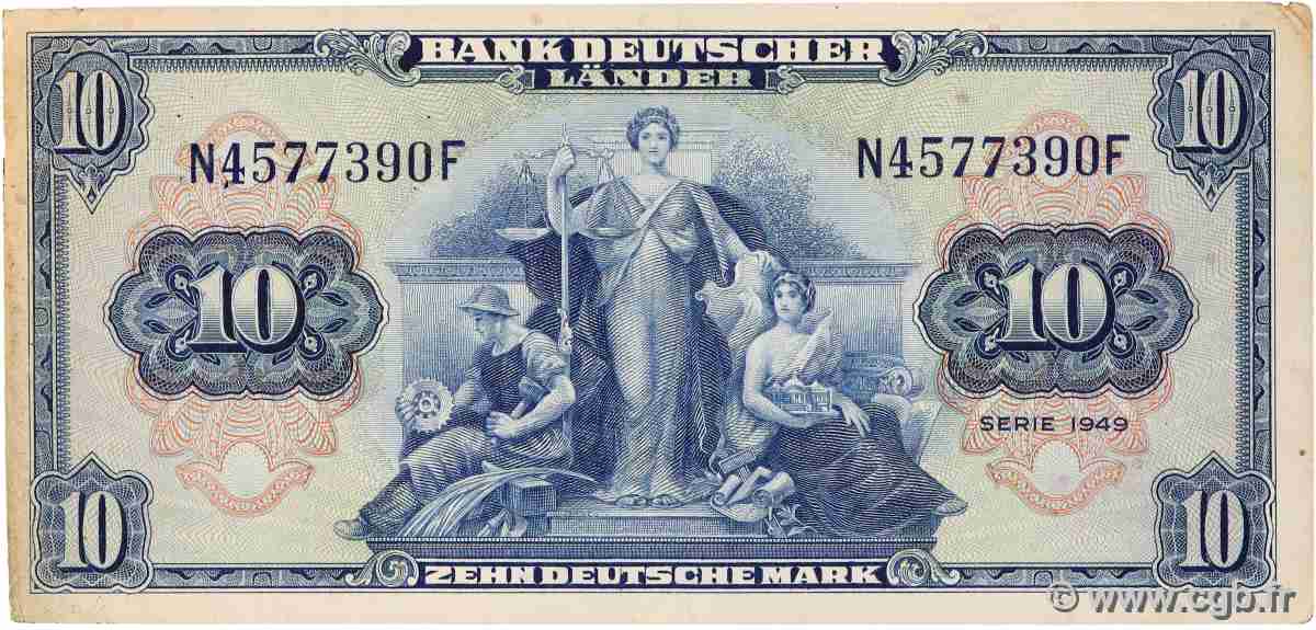 10 Deutsche Mark GERMAN FEDERAL REPUBLIC  1949 P.16a BB