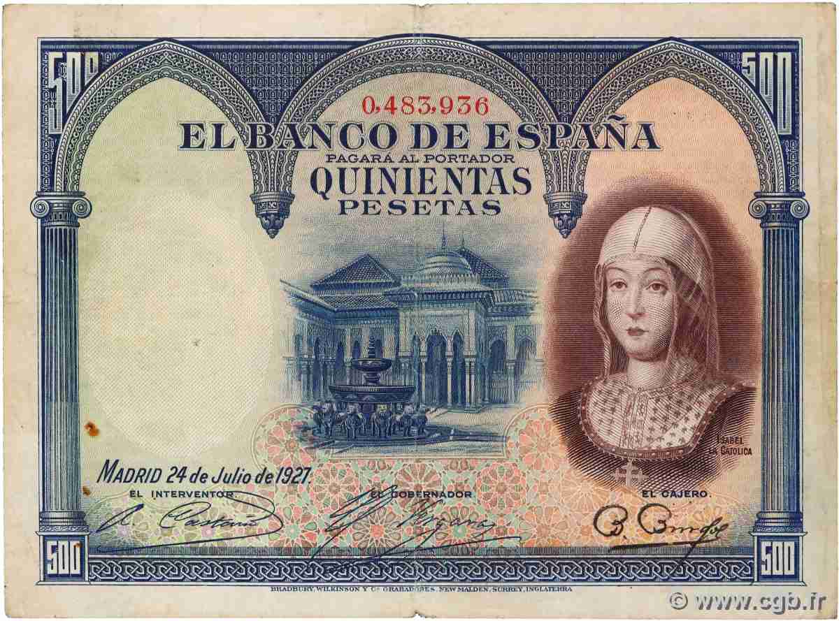500 Pesetas SPAGNA  1927 P.073a MB