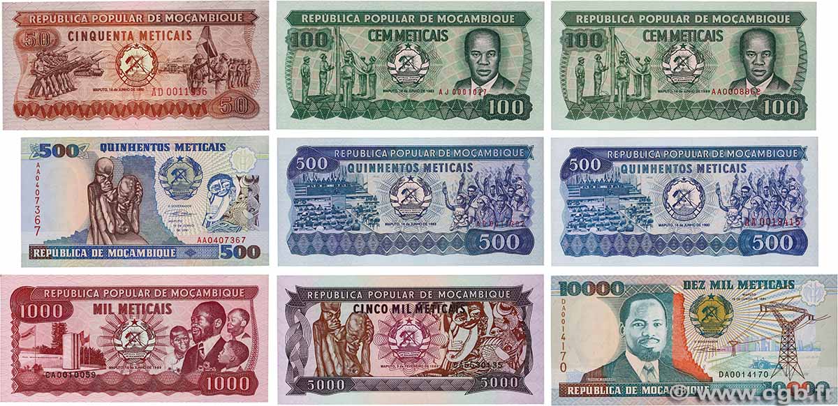 50 à 10000 Meticais Lot MOZAMBICO  1980 P.125, P.126, P.127, P.130a et b, P.131a, P.132c, P.133b, P.134 et P.137 q.FDC