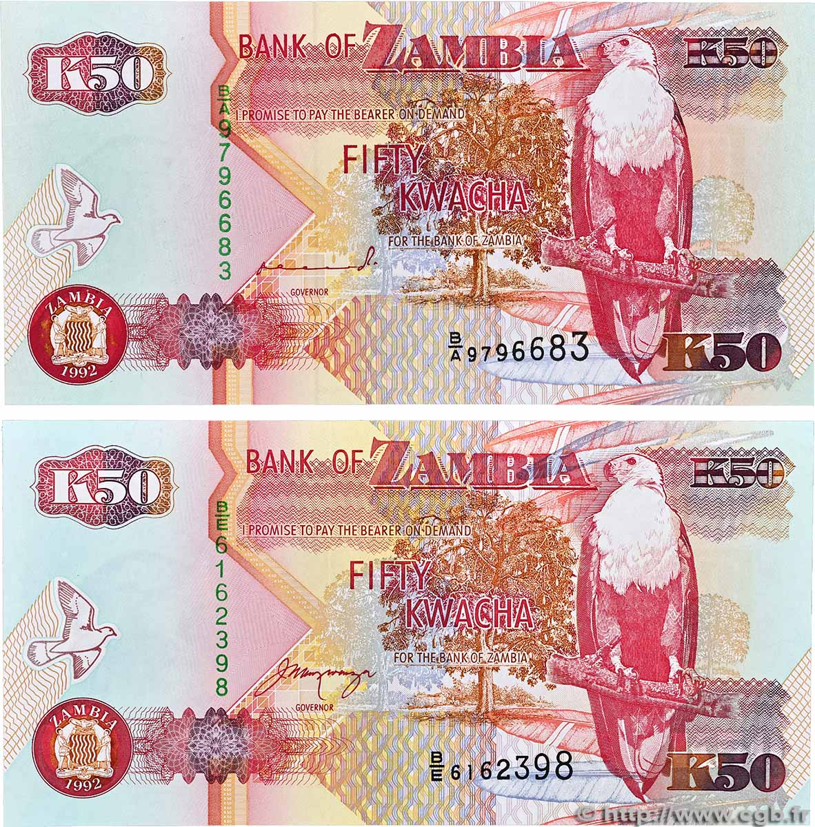 50 Kwacha Lot ZAMBIA  1992 P.37a et P.37b q.FDC