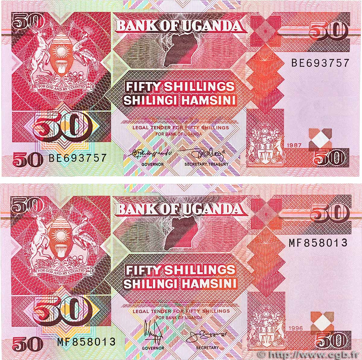 50 Shillings Lot UGANDA  1987 P.30a et P.30c q.FDC