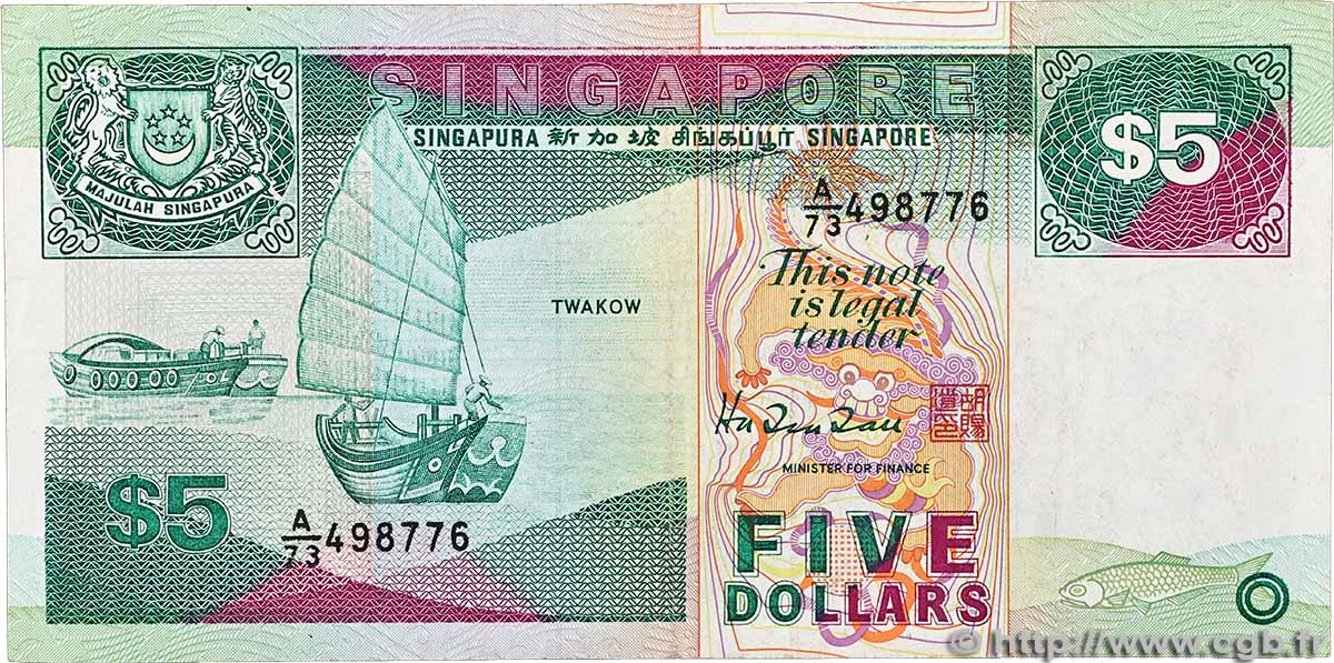 5 Dollars SINGAPORE  1989 P.19 SPL