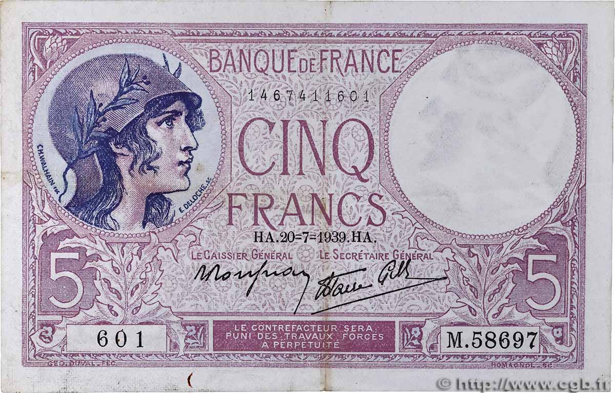 5 Francs FEMME CASQUÉE modifié FRANCIA  1939 F.04.02 q.SPL