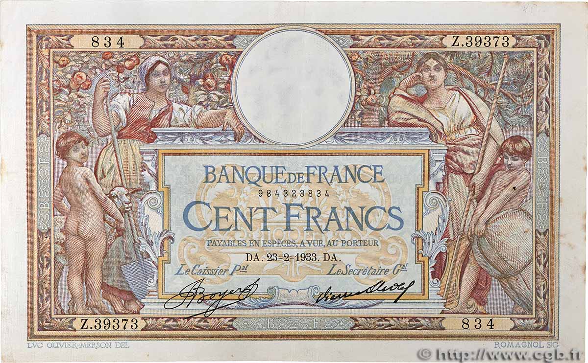 100 Francs LUC OLIVIER MERSON grands cartouches FRANCIA  1933 F.24.12 BB