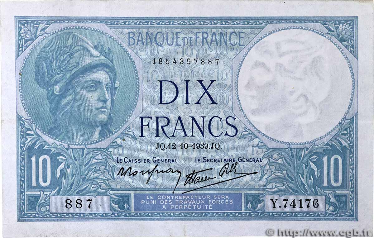 10 Francs MINERVE modifié FRANCIA  1939 F.07.11 SPL