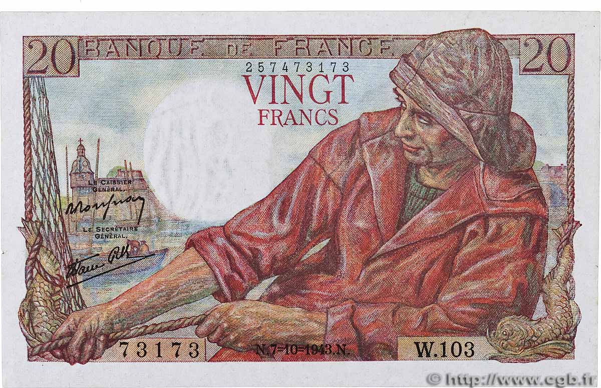 20 Francs PÊCHEUR Numéro spécial FRANCIA  1943 F.13.07 SPL+
