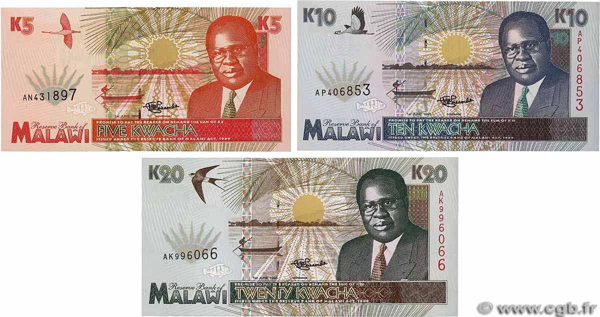 5, 10 et 20 Kwacha Lot MALAWI  1995 P.30, P.31 et P.32 FDC