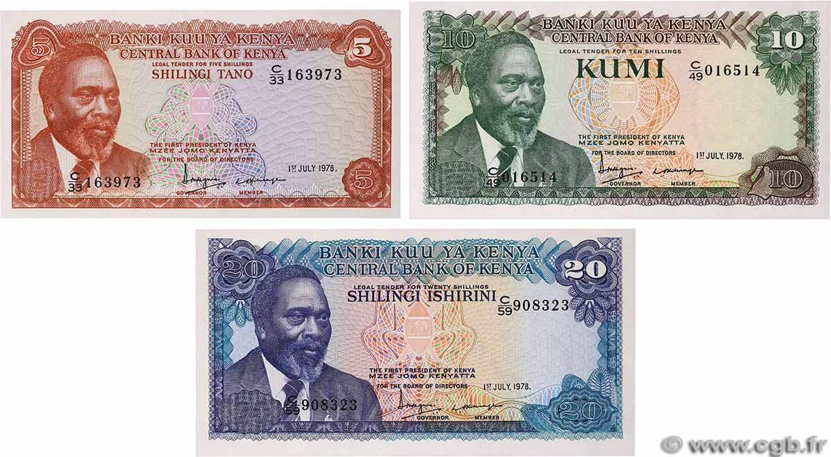 5, 10 et 20 Shillings Lot KENYA  1978 P.15, P.16 et P.17 UNC