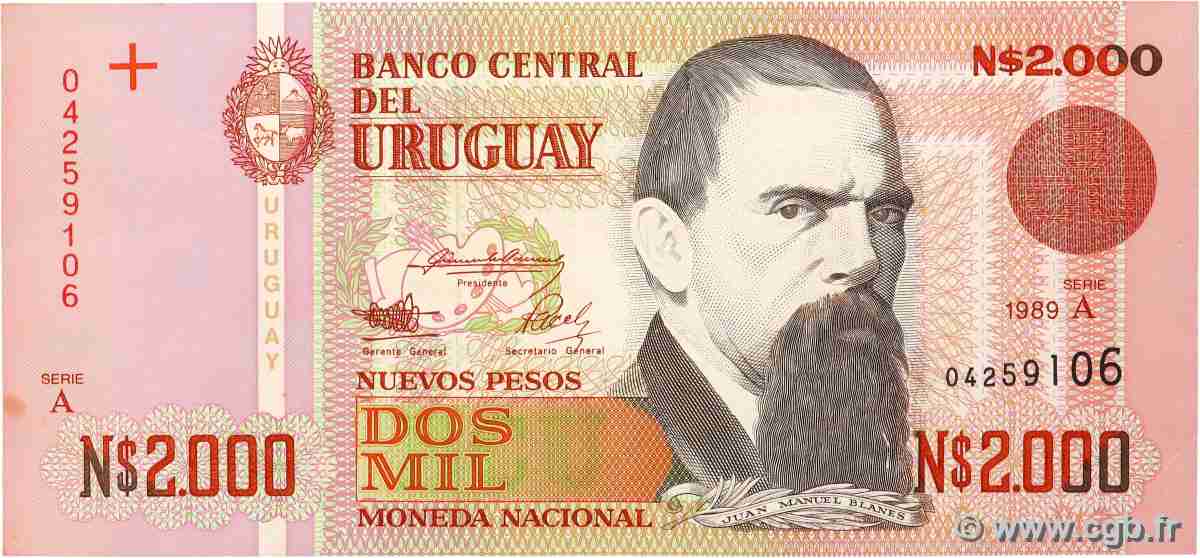 2000 Nuevos Pesos URUGUAY  1989 P.068a q.AU