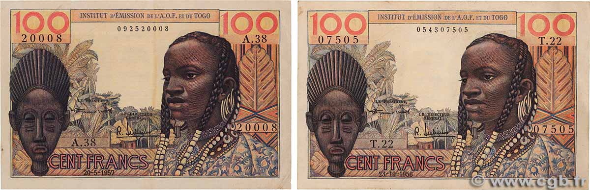 100 Francs Lot FRENCH WEST AFRICA  1956 P.46 MBC