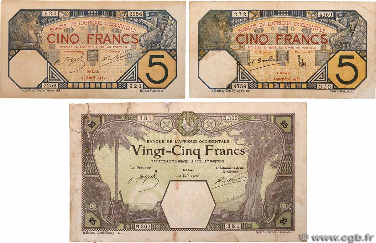 5 et 25 Francs DAKAR Lot FRENCH WEST AFRICA Dakar 1924 P.05Bb, P.05Bf et P.07Bc B a MB