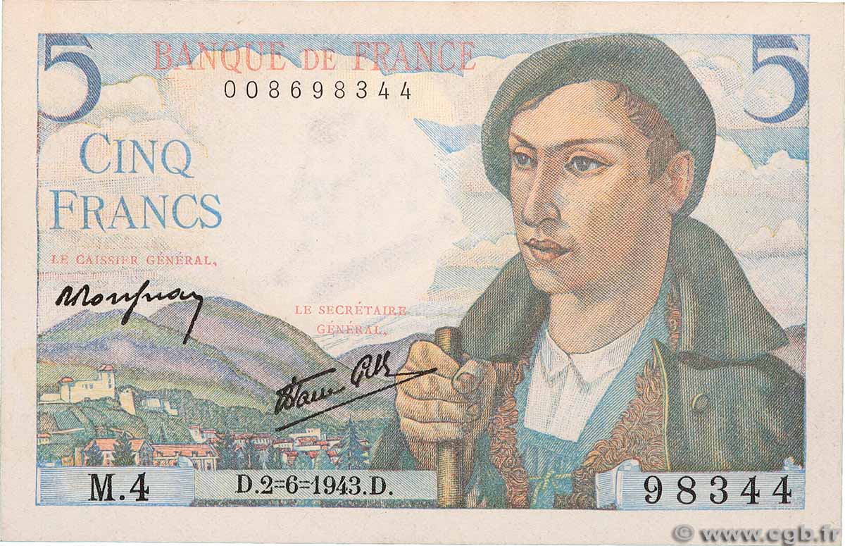 5 Francs BERGER FRANCE  1943 F.05.01 pr.NEUF