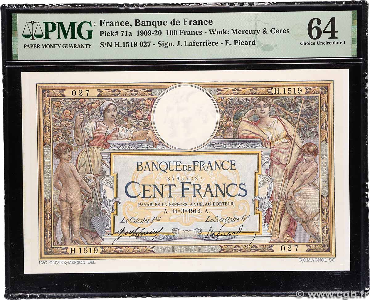 100 Francs LUC OLIVIER MERSON sans LOM FRANCIA  1912 F.23.04 SC+