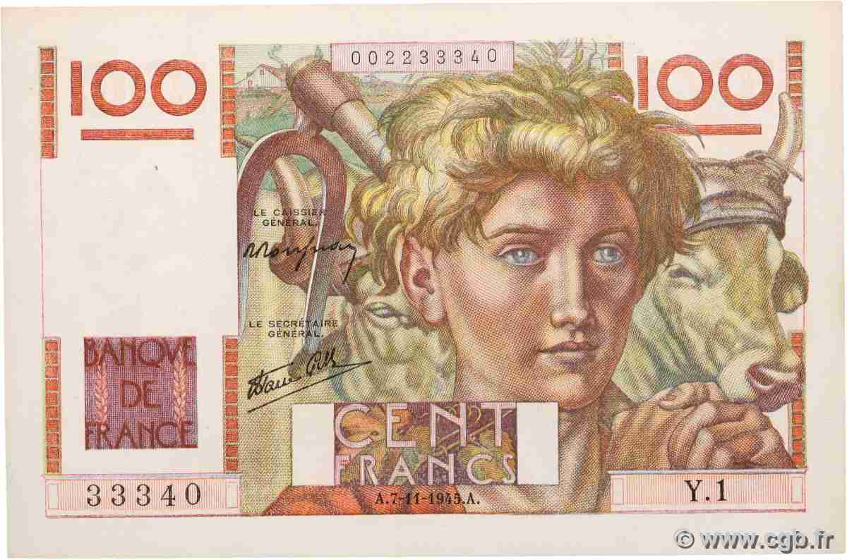 100 Francs JEUNE PAYSAN FRANCE  1945 F.28.01 SUP+