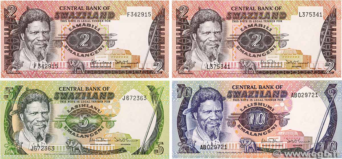 2, 5 et 10 Emalangeni Lot SWAZILAND  1983 P.08a/b, P.09b et P.10c NEUF