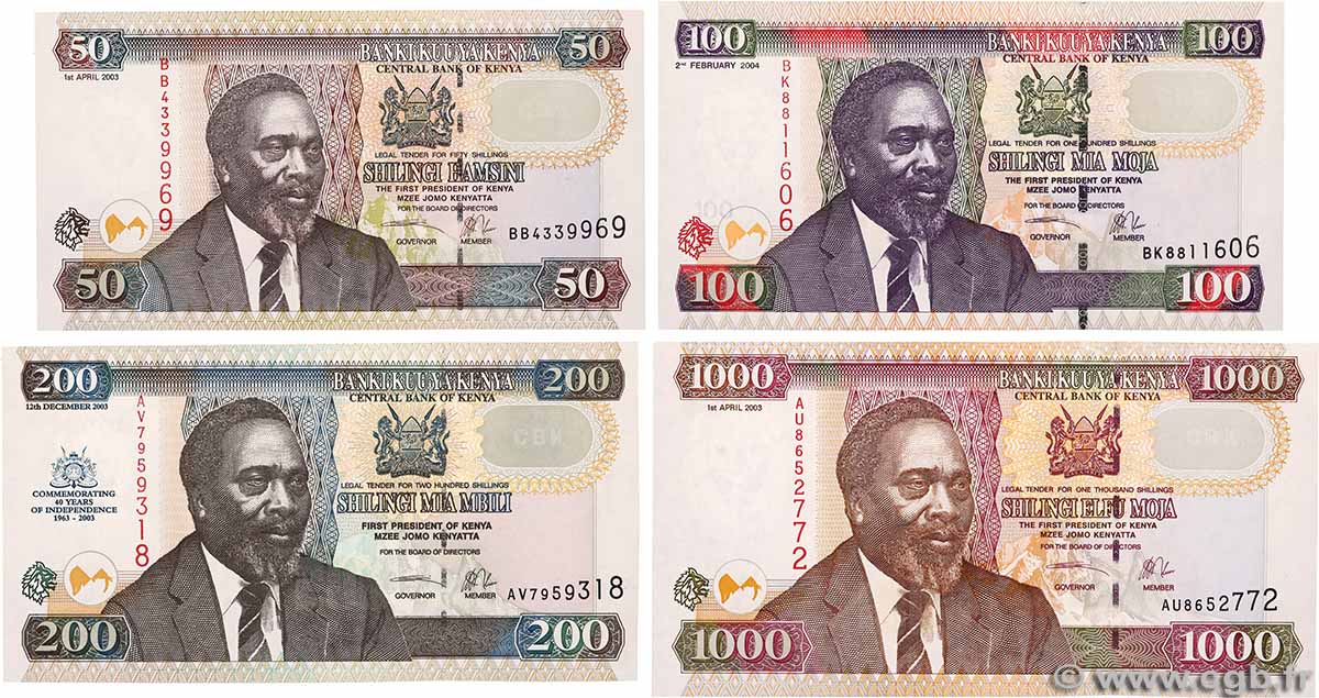 50, 100, 200 et 1000 Shillings Lot KENYA  2003 P.41a, P.42a, P.45a et P.46 pr.NEUF