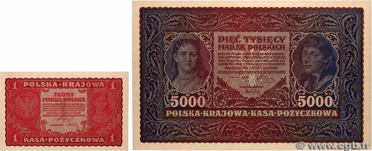 1 Marka et et 5000 Marek POLOGNE  1919 P.023 et P.031 SPL