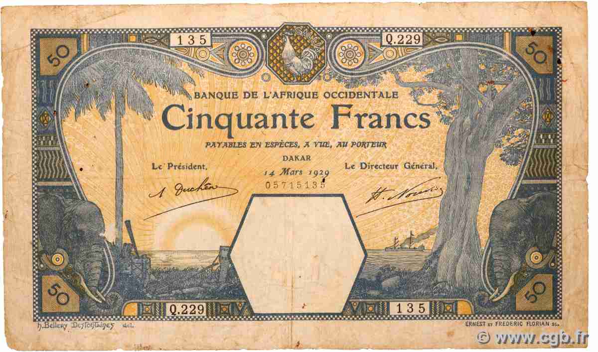 50 Francs DAKAR AFRIQUE OCCIDENTALE FRANÇAISE (1895-1958) Dakar 1929 P.09Bc B+