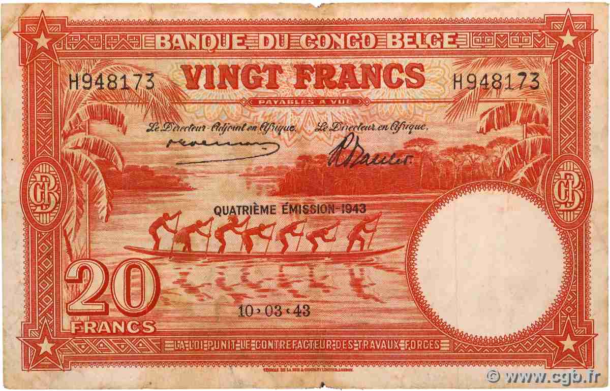 20 Francs CONGO BELGE  1943 P.15C B+
