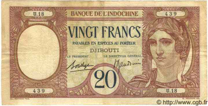20 Francs  DJIBOUTI  1936 P.07a TB+ à TTB