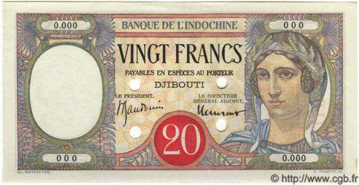 20 Francs Spécimen DJIBOUTI  1947 P.07Bs pr.NEUF