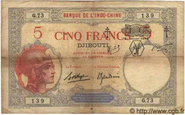 5 Francs DJIBOUTI  1943 P.11 TB+ à TTB