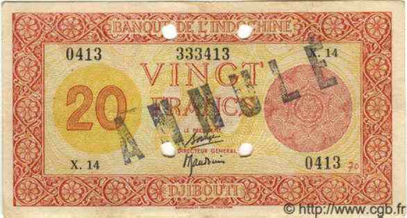 20 Francs Palestine Annulé DJIBOUTI  1945 P.15 TTB+