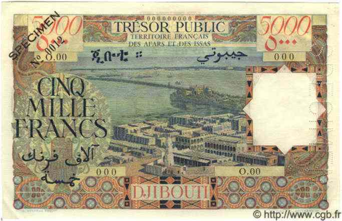 5000 Francs Spécimen FRENCH AFARS AND ISSAS  1969 P.30s FDC