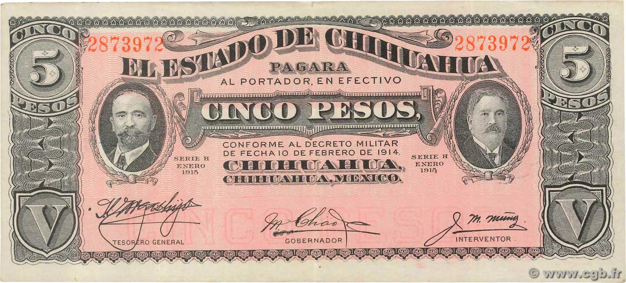 5 Pesos MEXICO  1915 PS.0532c VF+