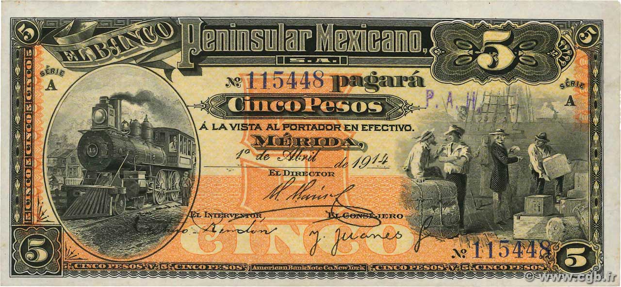 5 Pesos MEXICO Mérida 1914 PS.0465a VF