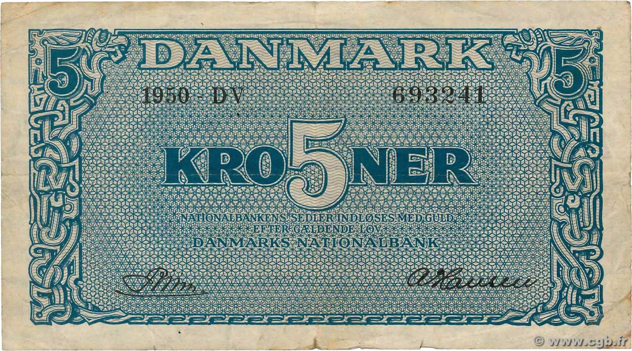 5 Kroner DINAMARCA  1950 P.035g BC