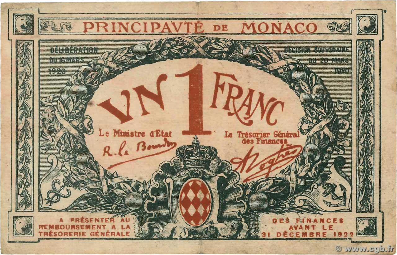 1 Franc MONACO  1920 P.05 VF