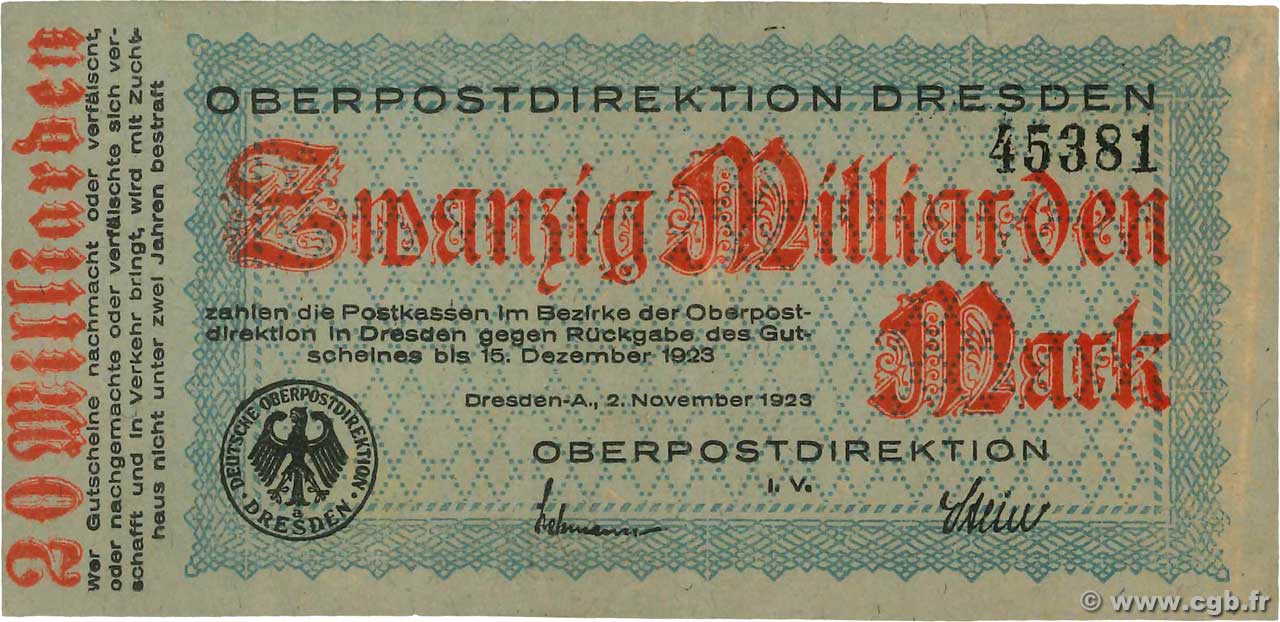 20 Milliarden Mark ALLEMAGNE Dresden 1923  TTB+