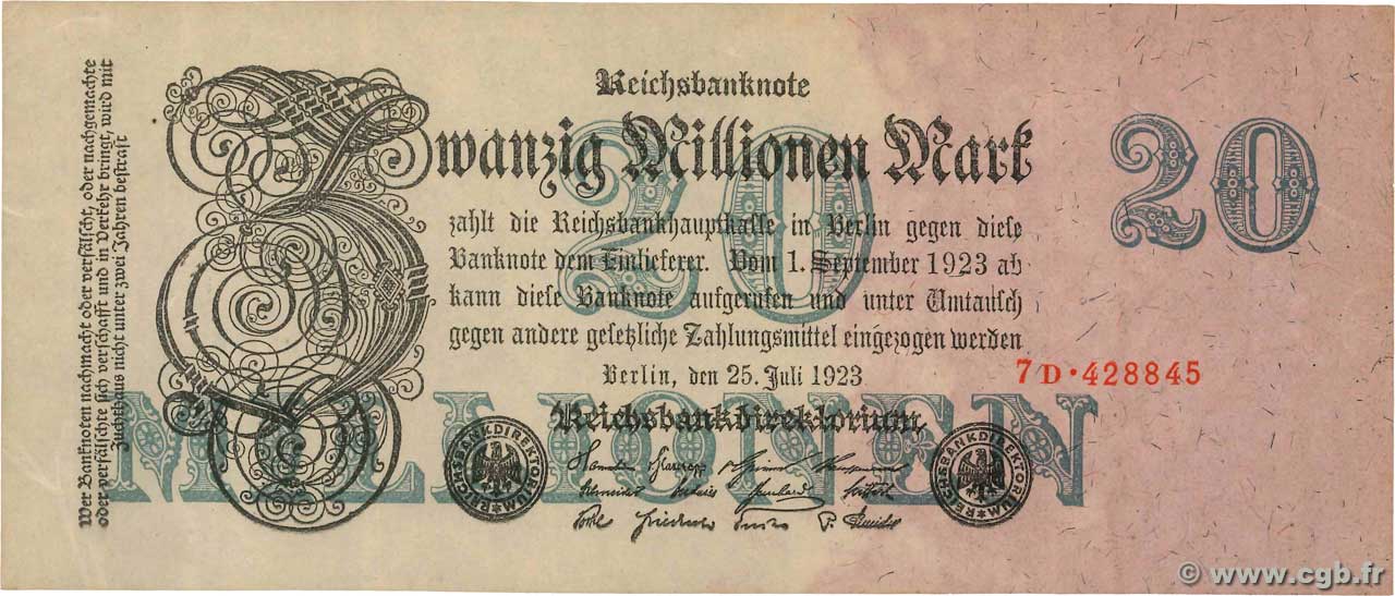 20 Millions Mark GERMANY  1923 P.097b AU