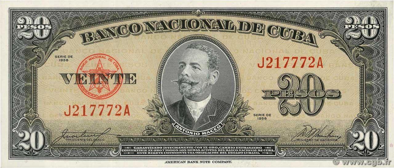 20 Pesos CUBA  1958 P.080b FDC