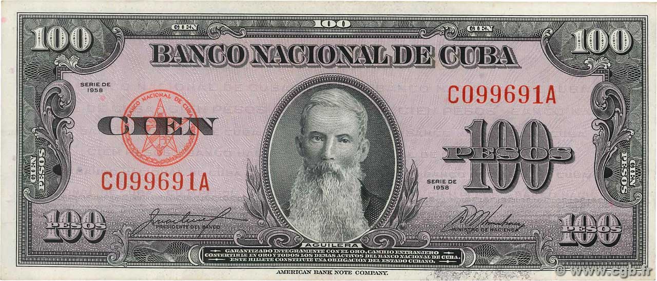 100 Pesos CUBA  1958 P.082c AU