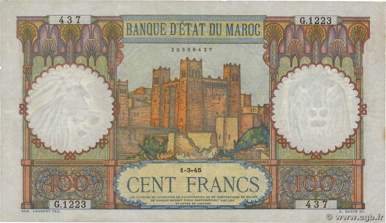 100 Francs MOROCCO  1945 P.20 VF