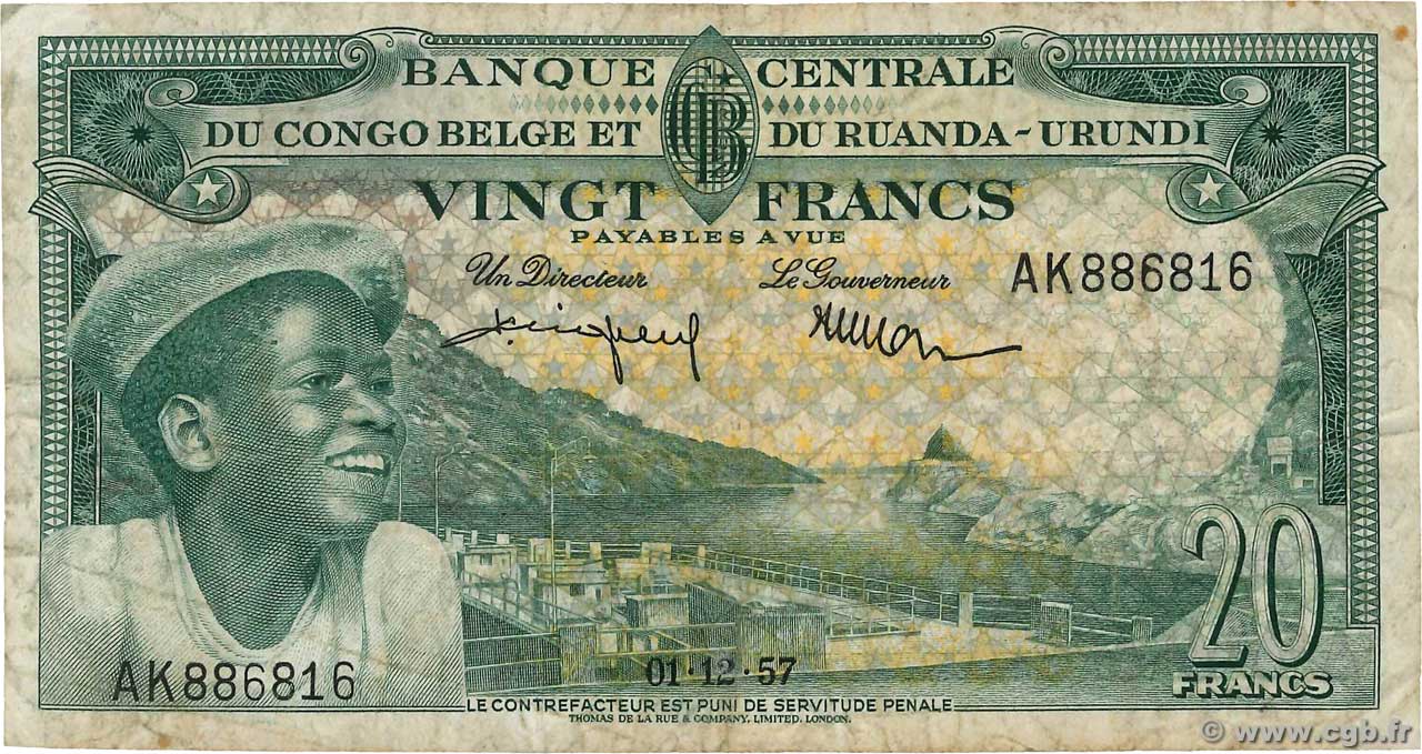 20 Francs BELGA CONGO  1957 P.31 BC