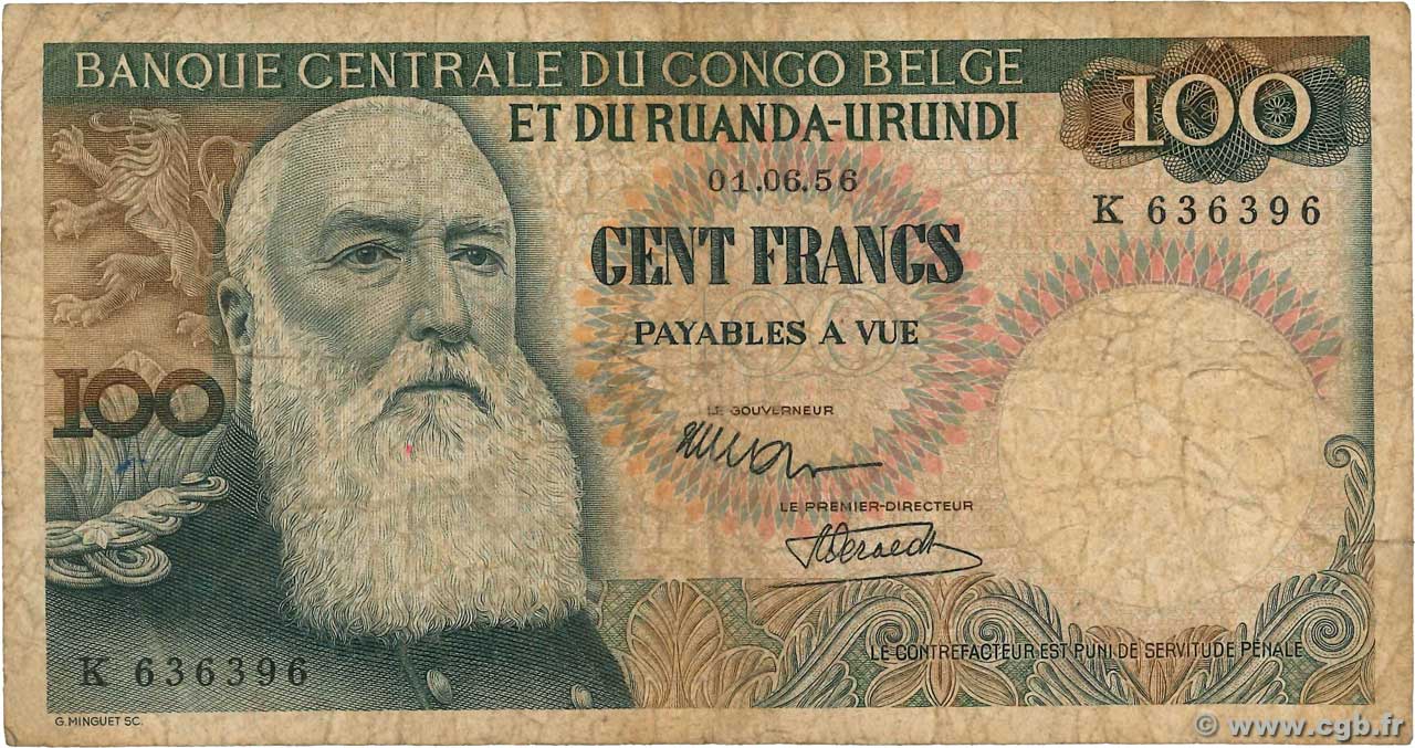 100 Francs BELGA CONGO  1956 P.33a BC