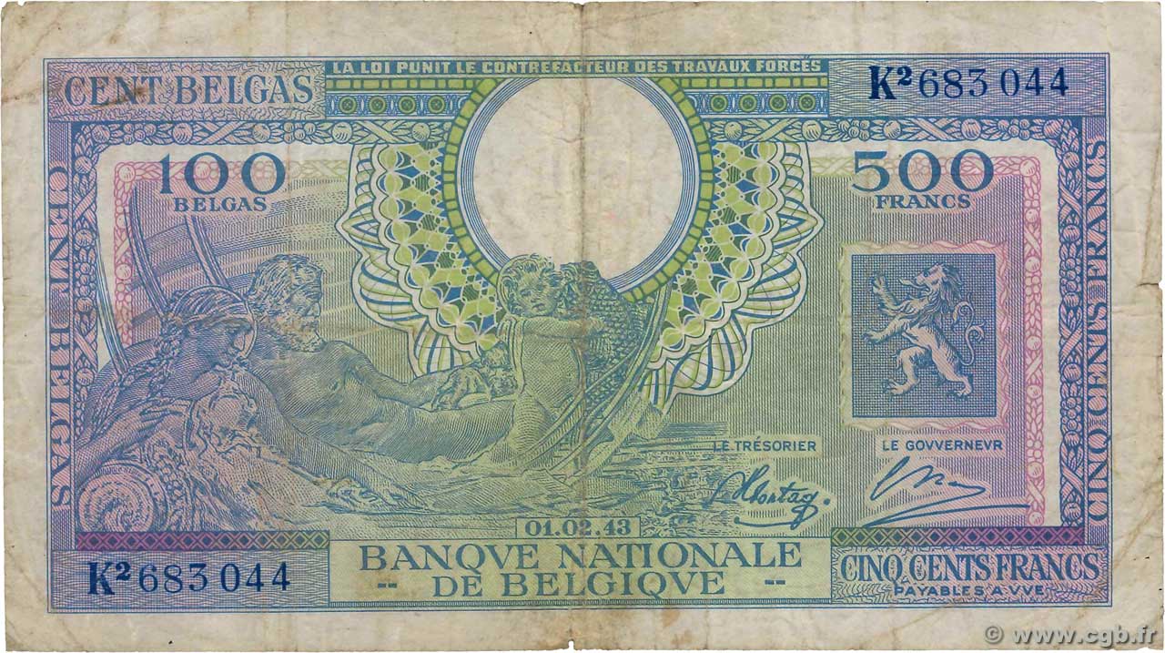 500 Francs - 100 Belgas BELGIUM  1943 P.124 F