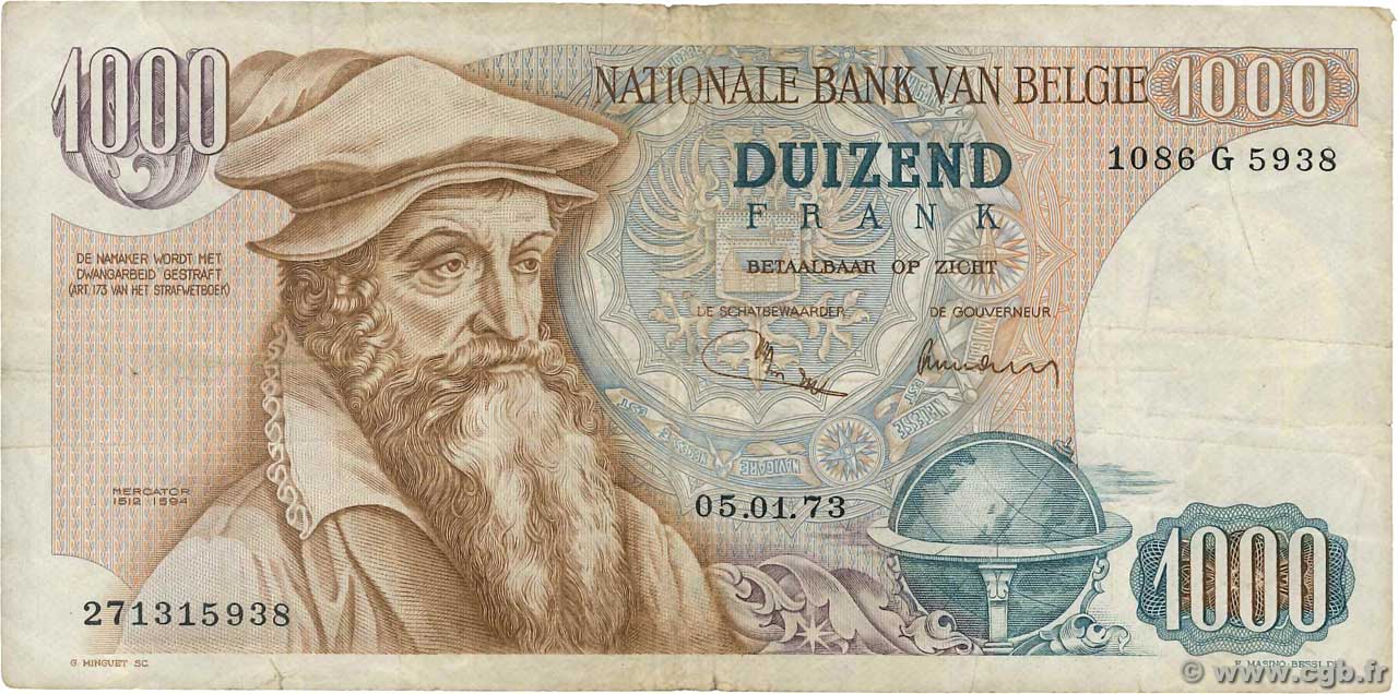 1000 Francs BÉLGICA  1973 P.136b BC