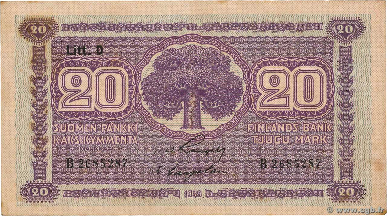 20 Markkaa FINLAND  1939 P.071a VF+