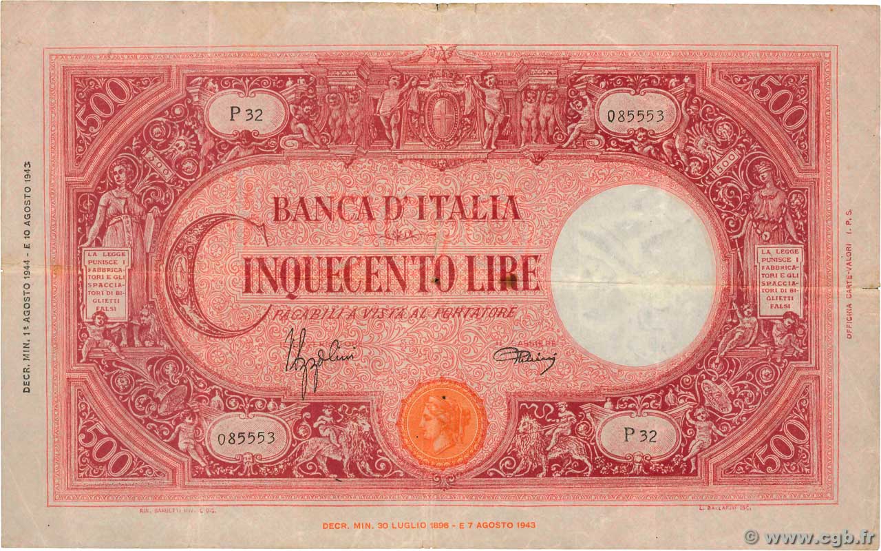 500 Lire ITALY  1944 P.070a F+